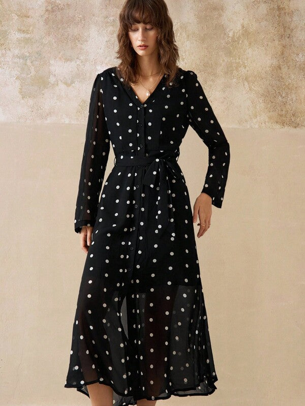 Élise Noir Polka Midi Dress