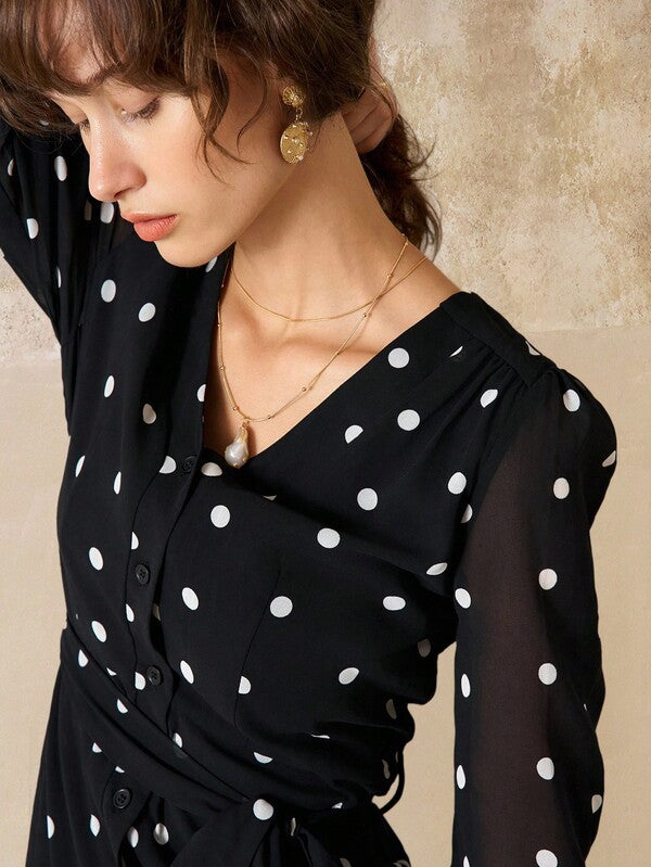 Élise Noir Polka Midi Dress