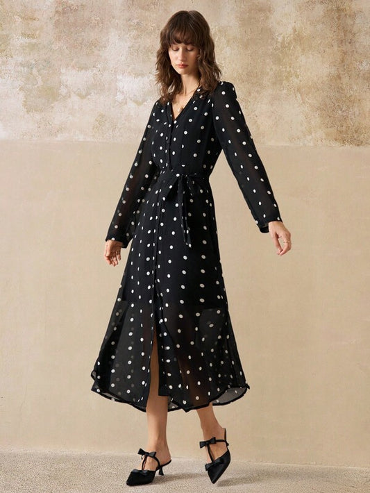 Élise Noir Polka Midi Dress